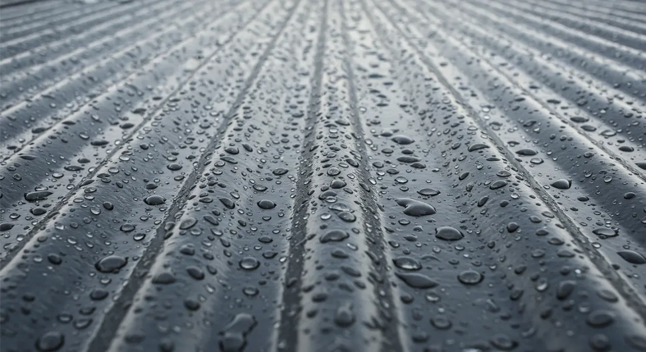 Advanced Polyurea waterproofing system being spray-applied to asbestos roof surface by certified professionals