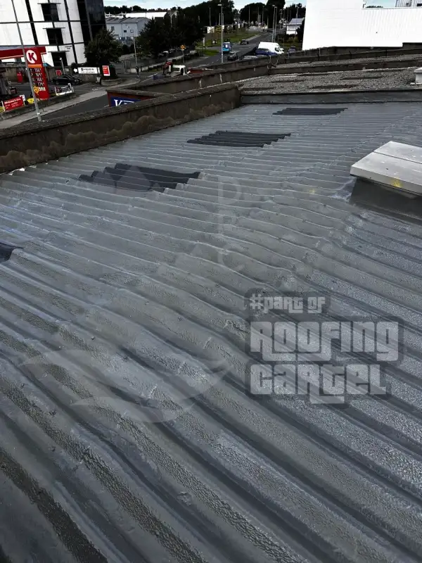 Before and after asbestos roof waterproofing showing professional coating application process